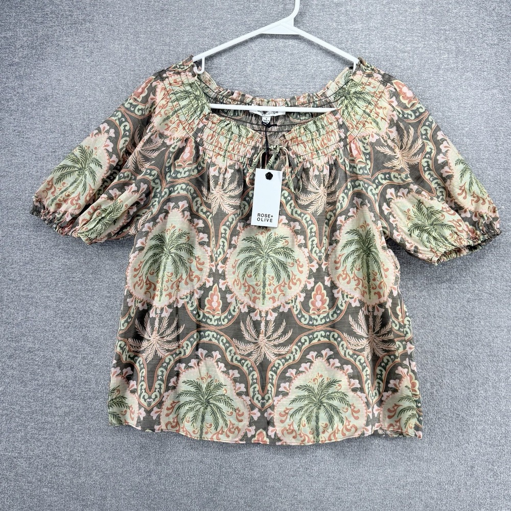 Rose + Olive Short Sleeve Blouse Top Women Size Small Brown Palms NEW